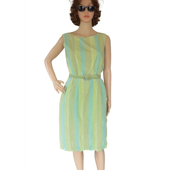 Vintage Dresses & Skirts - Vintage 60s Handmade Pastel Blue Green Striped Shift Belted Dress Womens Size XS